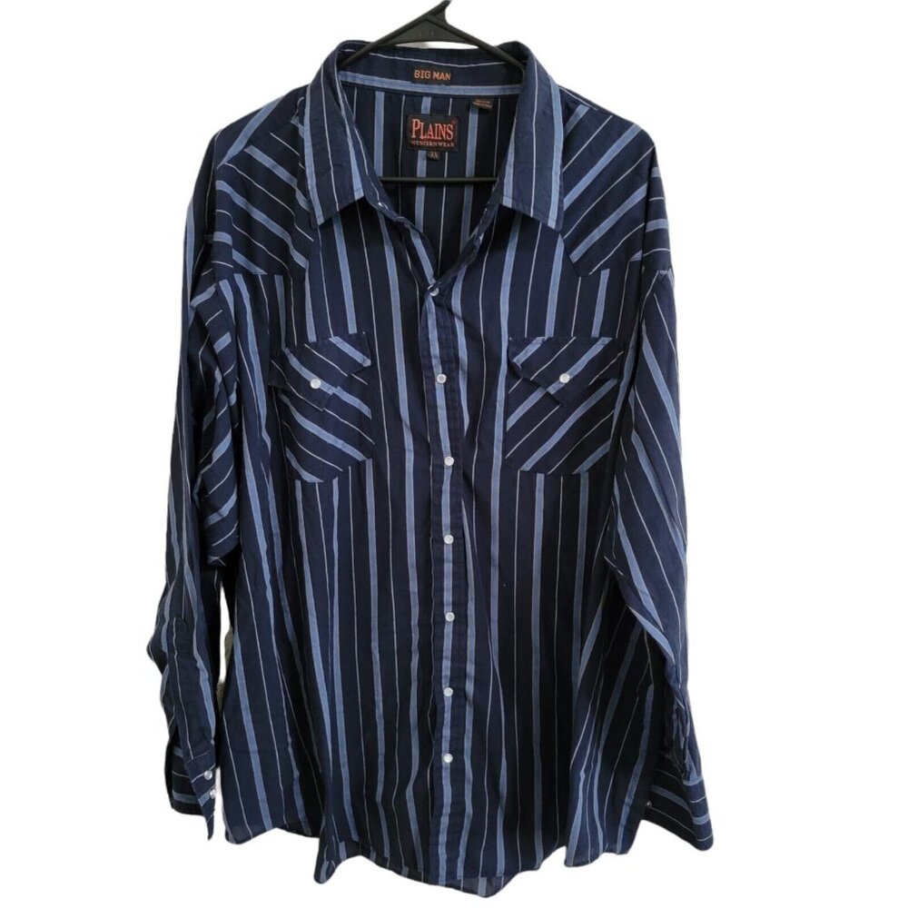 Plains Pearl Snap Western Shirt Mens Size 3XL Blue Long Sleeve Striped Big Man